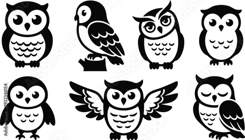 Minimalist vector owl icon set front side and three quarter views wings spread sleeping awake with close up face details simple black silhouettes cute flat design