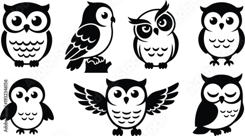 Minimalist black owl icon set with eight different poses including perched facing front flying spread wings sleeping winking side profile and bold silhouette flat vector art