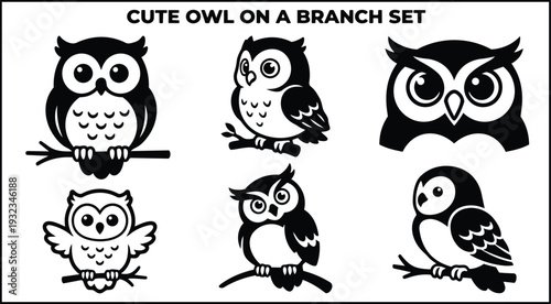 Minimalist vector flat design close up owl set with six perched owls on branches showing big eyes head tilt facing forward and varied cute expressions monochrome