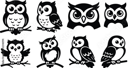 Minimalist vector icon set of eight perched owl silhouettes with bold eyes close up on branches black and white flat design for logo and mascot friendly