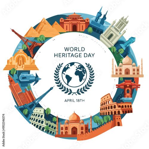 A circular illustration of famous landmarks around a central globe emblem