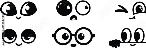 Minimalist vector eye expressions set six playful cartoon eyes various emotions close up flat design simple black and white winking surprised sleepy outlined bold scalable editable