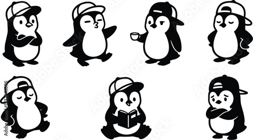 Minimalist black and white vector penguin mascot set wearing baseball caps showing varied poses drinking reading folding arms walking smiling looking away playful sitting standing cup