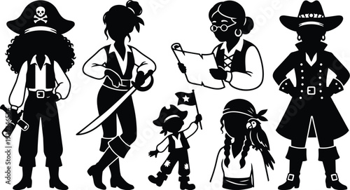 Minimalist vector art close up pirate crew silhouettes woman captain with cutlass parrot and child holding flag and treasure map flat design studio lighting high contrast