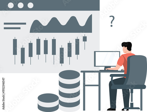 The boy is thinking about stock investing.