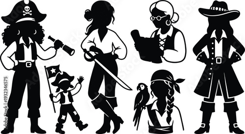 Minimalist pirate character set showing female and child pirates in silhouette with spyglass sword parrot and map standing in low angle poses wearing tricorn hats boots