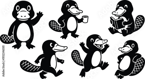 Cute flat design platypus character set showing waving drinking coffee reading book running jumping and reclining poses with bold black silhouette vector art