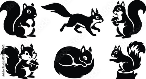 Flat design set of six black squirrel silhouettes in different poses running sleeping holding acorn sitting perched on stump curled tail high contrast bold simple shapes