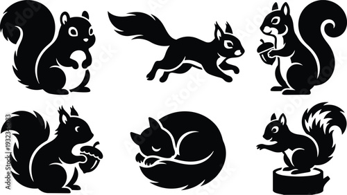 Minimalist vector art set of six black squirrel silhouettes showing sitting running holding acorn curled sleeping and standing on stump in bold flat style high contrast