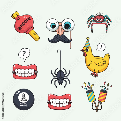 A collection of quirky cartoon icons, with party supplies and mystery themes
