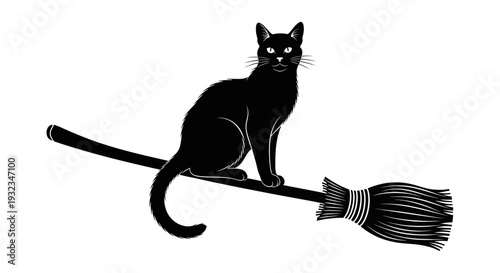 Black Cat Silhouette Riding Broomstick, Halloween Witchcraft Concept