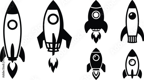 Minimalist vector rocket icon set top view and side view six black rockets with flames flat design close up on white background clean outline modern simple