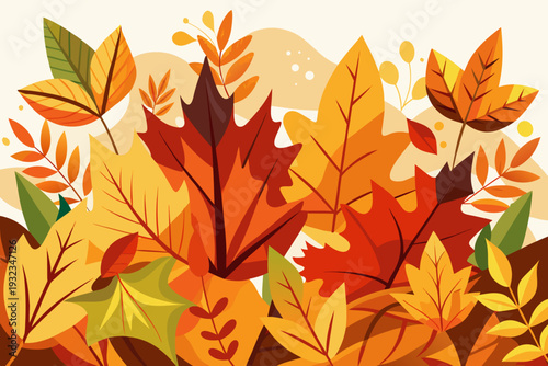 A vibrant and colorful illustration of various autumn leaves in shades of orange, yellow, and red.