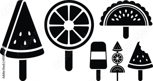 Minimalist flat design fruit popsicle icon set close up three quarter view assorted citrus watermelon and semicircle popsicles on sticks vector art bold silhouette monochrome outline