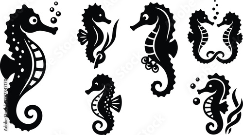 Black silhouette seahorse vector set showing multiple poses side view front view mirror pair bubbles coral tail close up flat design minimalist monochrome cut out sticker