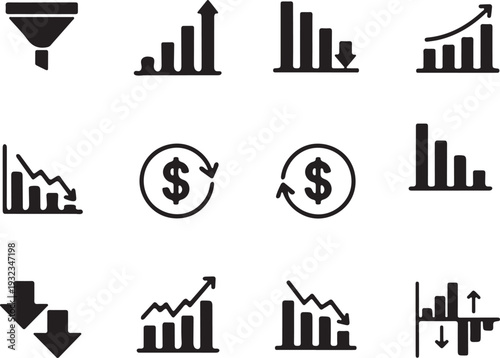 Business analytics and finance icons set, growth chart, profit loss, investment, data analysis, currency exchange silhouette vector

