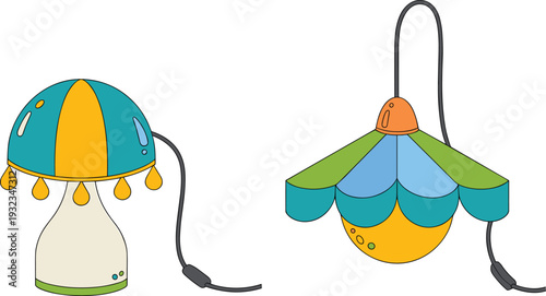 Colorful retro table and pendant lamps vector illustration, decorative lighting fixtures isolated on white background for interior design