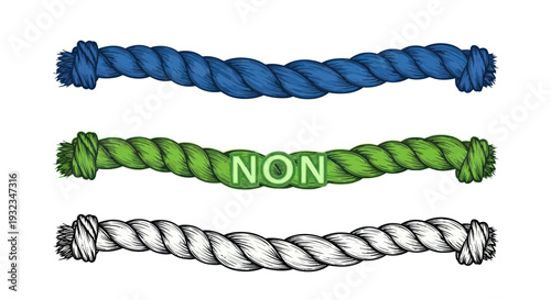 Three Twisted Ropes: Blue, Green with "NON" Text, and White