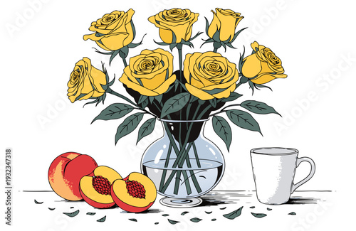 A beautiful vector illustration of yellow roses in a vase with peaches and a cup