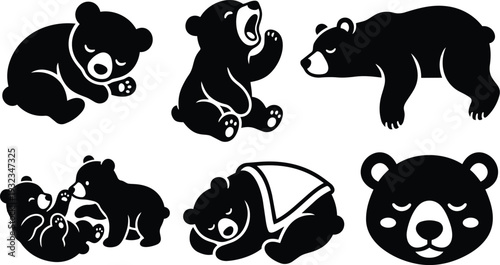 Minimalist vector bear icon set sleeping yawning and playing baby bears in various poses close up flat design black silhouettes detailed paw prints face profile side