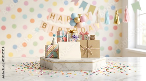 Birthday gifts on podium with blank card