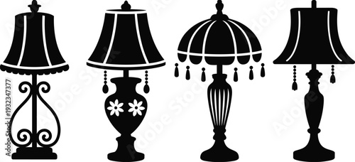 Elegant vintage table lamp silhouettes with decorative shades and tassels, classic lighting fixtures vector collection isolated on white