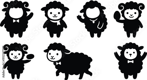 Minimalist vector art seven sheep characters in black silhouettes showing waving holding egg wearing bow tie and scarf front view smiling cute simple flat icon set