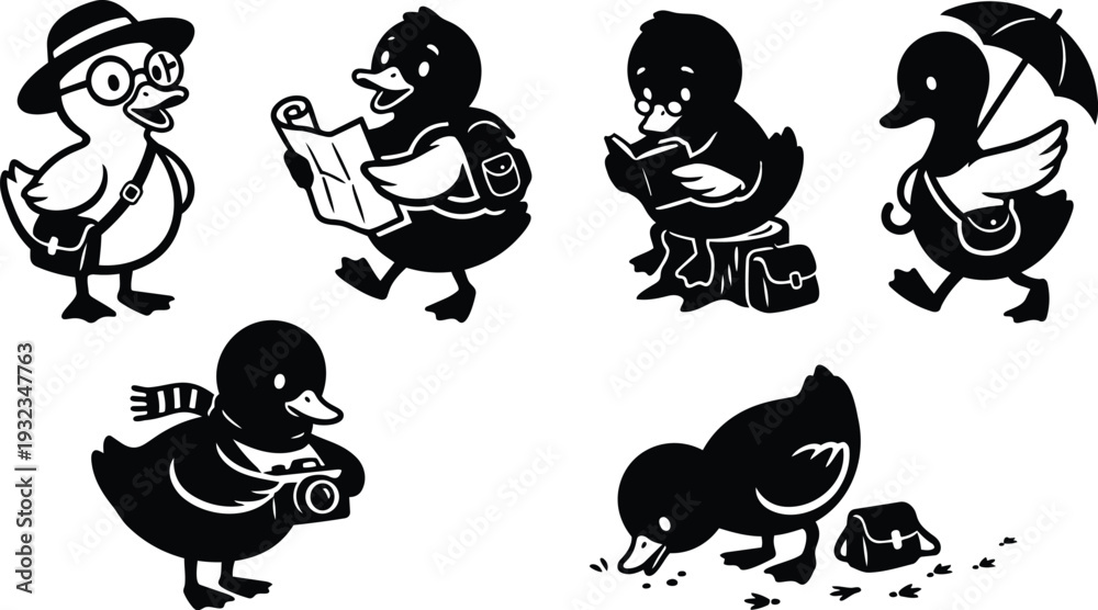 Obraz premium Minimalist black and white vector art close up travel duckling wearing hat and glasses reading map walking with satchel camera and umbrella low angle playful illustration
