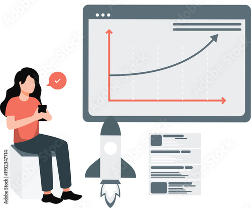 The girl is using mobile while graph growth.