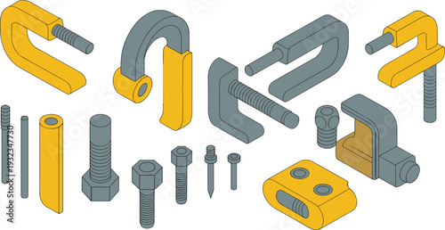 Isometric gaming computer setup, consoles and controllers, monitor screens, headset and speakers, modern electronic Isometric mechanical fasteners set, metal clamps bolts and screws, 