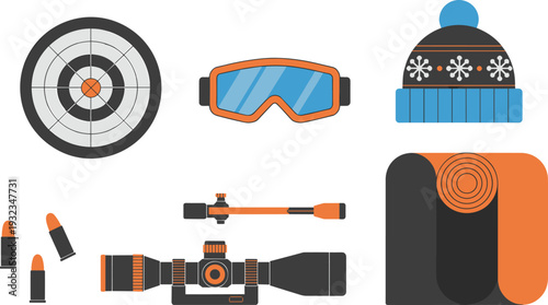 Winter hunting equipment set, rifle scope target goggles beanie bullets, flat design illustration, outdoor shooting gear, isolated on white background