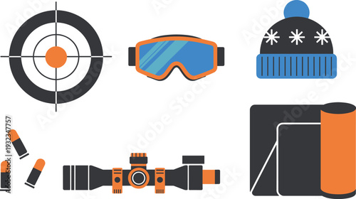 Winter shooting equipment set, target rifle scope goggles beanie bullets, flat vector illustration, outdoor hunting gear, isolated on white background