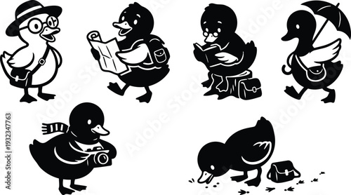 Minimalist black and white vector art close up travel duckling wearing hat and glasses reading map walking with satchel camera and umbrella low angle playful illustration