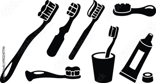 Minimalist vector art top view of multiple toothbrushes and toothpaste tube with cup bristles close up angled handles black silhouette on white background flat simple monochrome