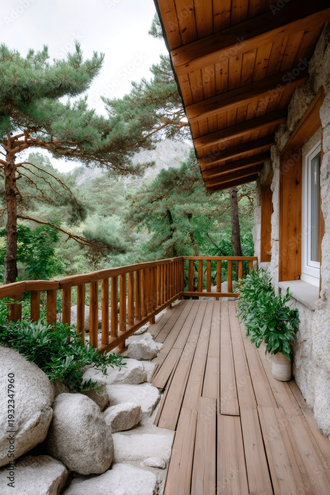 Fototapeta premium Rustic wooden chalet balcony overlooking mountain forest