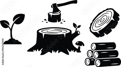 Flat design low angle illustration of tree stump with axe embedded stacked logs sapling mushroom wood rings close up monochrome bold silhouette forest clearing simple icon