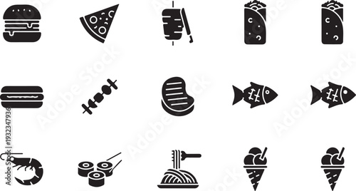 Fast food and restaurant icons set, burger, pizza, sushi, fish, ice cream, kebab, wrap silhouette vector

