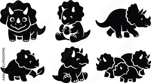 Cute triceratops vector art set showing six black silhouette baby and adult dinosaurs in playful poses sitting walking grazing close up flat design icons studio composition