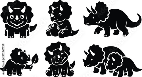 Cute triceratops vector set showing smiling baby triceratops sitting walking holding leaf black silhouette flat design isolated on white background playful composition friendly expression front view
