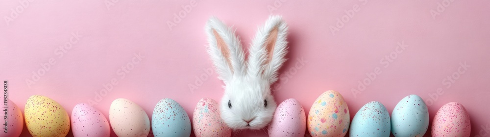 Obraz premium fluffy white bunny peeking between pastel speckled eggs on a pink background, playful and cheerful spring scene