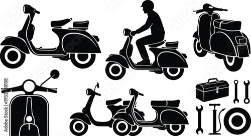 Minimalist vector art vintage scooter side view with rider wearing helmet carrying toolbox and spare wheel flat silhouette black on white transport low angle close up