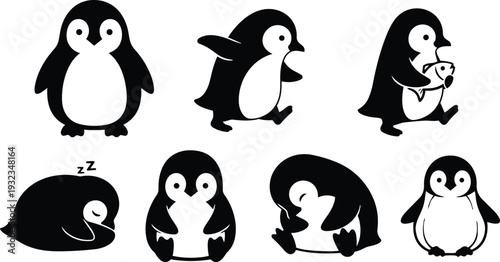 Cute flat vector penguin set showing standing waddling sliding sleeping and holding fish silhouettes in black and white simple icon sheet playful