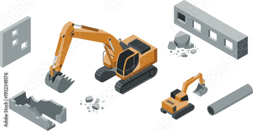 Isometric construction excavator breaking concrete wall, demolition machinery equipment, industrial building materials, rubble debris, isolated on white background