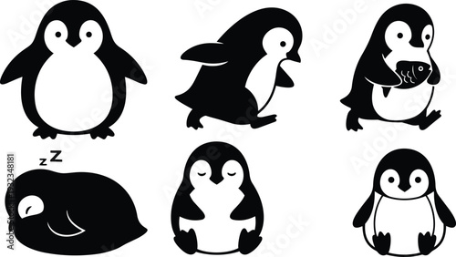 Minimalist black and white penguin icon set showing waddling running sliding sleeping and holding fish characters in flat vector art overhead and close up views playful