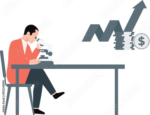 The man is looking graph growth on microscope.