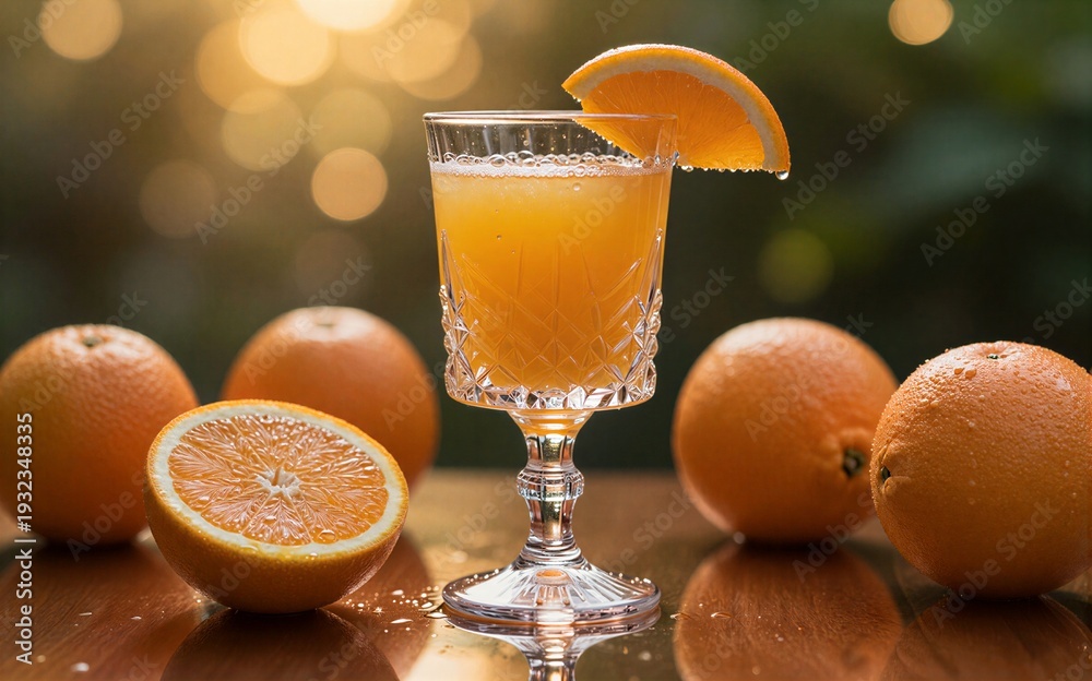 Naklejka premium Fresh orange juice in a glass garnished with citrus slice and