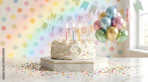 Birthday cake with candles and shiny balloons
