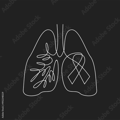 Minimalist Line Art Lungs with Awareness Ribbon and Tangled Lines for Respiratory Health and Disease Awareness