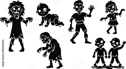 Spooky vector children zombie silhouettes crawling walking waving in torn clothing muddy feet close up front view halloween horror scene playful eerie mood black isolated icons