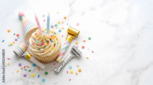 Birthday cupcake with sprinkles, party hats, noisemakers